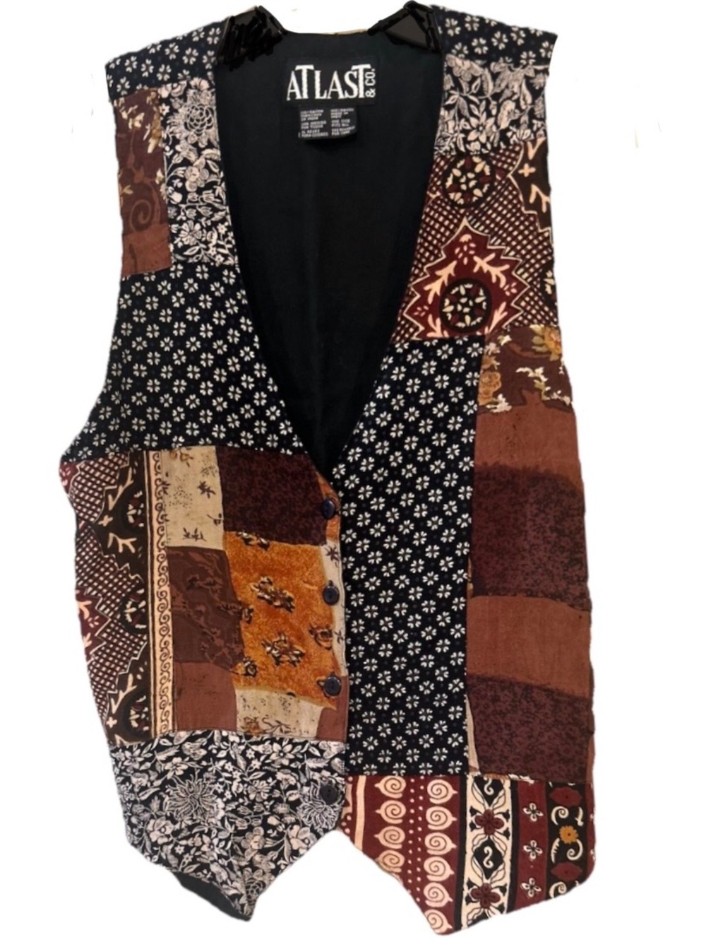 Vintage At Last & Co Patchwork Vest Boho 90s Button Front M